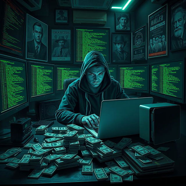 An artistic representation of a hacker sitting in a dimly lit room, surrounded by multiple monitors displaying green code on black backgrounds