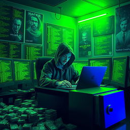 An artistic representation of a hacker sitting in a dimly lit room, surrounded by multiple monitors displaying green code on black backgrounds