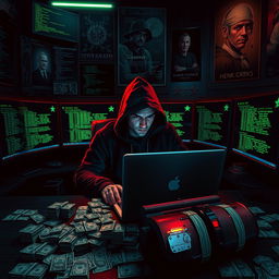 An artistic representation of a hacker sitting in a dimly lit room, surrounded by multiple monitors displaying green code on black backgrounds