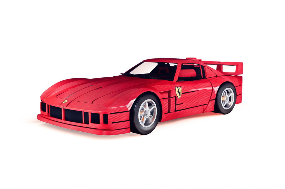 A high-quality digital art image of a pinewood derby car modeled after a Ferrari