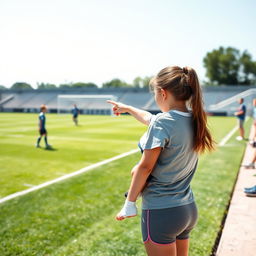 A woman standing on the sidelines of a soccer pitch, holding a young child with her left arm