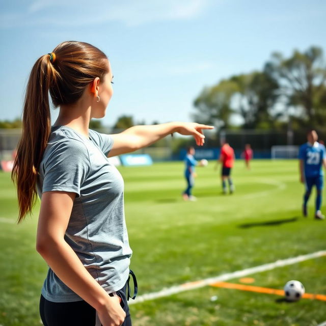 A woman standing on the sidelines of a soccer pitch, holding a young child with her left arm