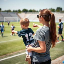 A woman standing on the sidelines of a soccer pitch, holding a young child with her left arm