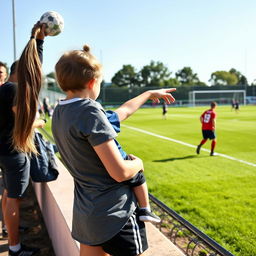 A woman standing on the sidelines of a soccer pitch, holding a young child with her left arm