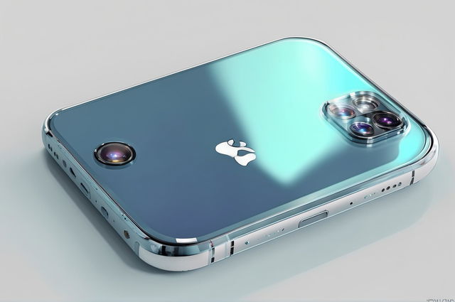 A 3D render of the next generation iPhone, featuring a sleek design with a seamless unibody construction and a vibrant, edge-to-edge display