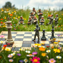 A whimsical and light-hearted scene of a chessboard set in a peaceful meadow, blooming with colorful flowers