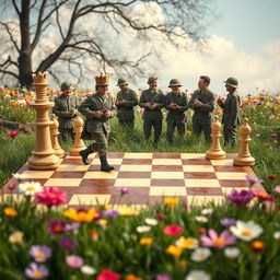 A whimsical and light-hearted scene of a chessboard set in a peaceful meadow, blooming with colorful flowers