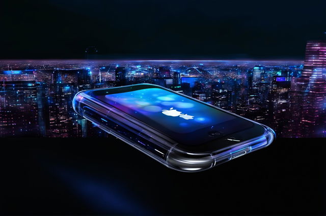 Digital art of a futuristic iPhone from 2050, featuring a transparent, holographic display, wireless and touchless interactions, and a 3D projected Apple logo