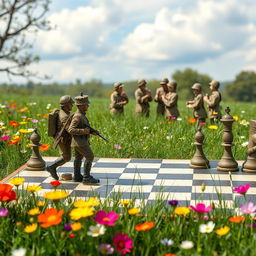 A whimsical and light-hearted scene of a chessboard set in a peaceful meadow, blooming with colorful flowers