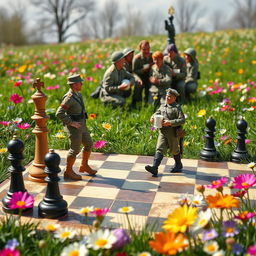 A whimsical and light-hearted scene of a chessboard set in a peaceful meadow, blooming with colorful flowers