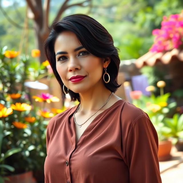 A captivating Colombian woman aged between 40 and 45 years, standing gracefully in full height