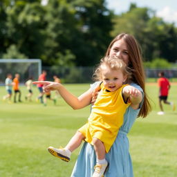 A woman with long brown hair, wearing a casual light blue dress, stands on a grassy soccer pitch, holding a young child with curly blonde hair in her arms