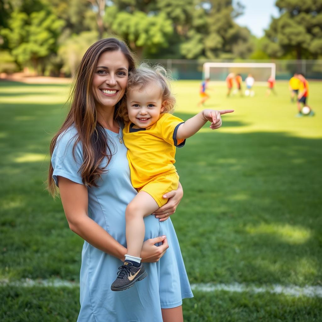 A woman with long brown hair, wearing a casual light blue dress, stands on a grassy soccer pitch, holding a young child with curly blonde hair in her arms