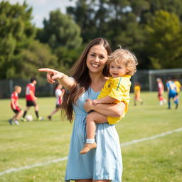 A woman with long brown hair, wearing a casual light blue dress, stands on a grassy soccer pitch, holding a young child with curly blonde hair in her arms