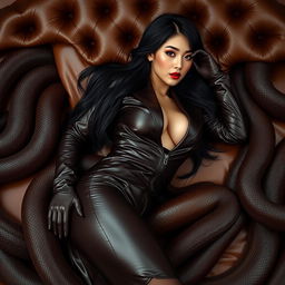 A stunning and sexy Korean woman with a big ass, voluptuous breasts, a thin waist, and alluring dark red lips