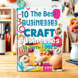 An eye-catching ebook cover design for '10 The Best Craft Businesses to Start in 2025', featuring a colorful, artistic collage of various craft items like handmade jewelry, knitted goods, and pottery