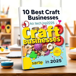 An eye-catching ebook cover design for '10 The Best Craft Businesses to Start in 2025', featuring a colorful, artistic collage of various craft items like handmade jewelry, knitted goods, and pottery