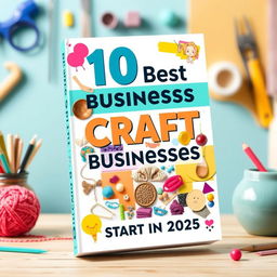 An eye-catching ebook cover design for '10 The Best Craft Businesses to Start in 2025', featuring a colorful, artistic collage of various craft items like handmade jewelry, knitted goods, and pottery