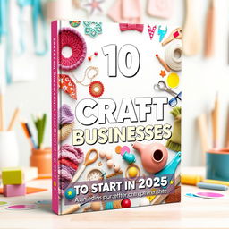 An eye-catching ebook cover design for '10 The Best Craft Businesses to Start in 2025', featuring a colorful, artistic collage of various craft items like handmade jewelry, knitted goods, and pottery