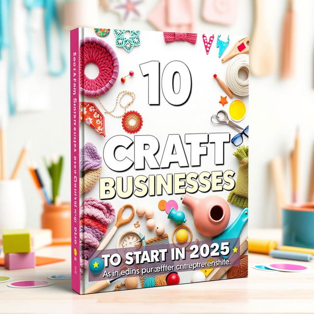 An eye-catching ebook cover design for '10 The Best Craft Businesses to Start in 2025', featuring a colorful, artistic collage of various craft items like handmade jewelry, knitted goods, and pottery