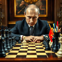 An intense scene of Vladimir Putin playing chess, sitting confidently at a grand chessboard where he controls the black pieces