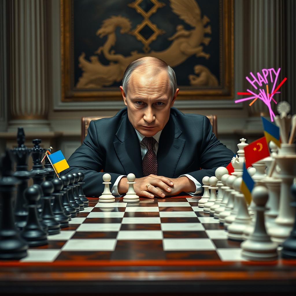 An intense scene of Vladimir Putin playing chess, sitting confidently at a grand chessboard where he controls the black pieces