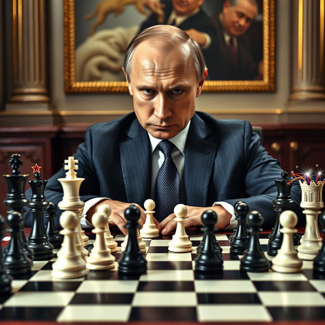 An intense scene of Vladimir Putin playing chess, sitting confidently at a grand chessboard where he controls the black pieces