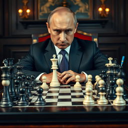 An intense scene of Vladimir Putin playing chess, sitting confidently at a grand chessboard where he controls the black pieces