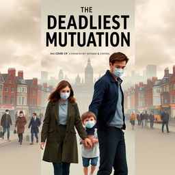 A book cover design for a novel titled "The Deadliest Mutation" depicting a normal English city in the backdrop with a slightly ominous atmosphere, showcasing street scenes filled with people visibly unwell, wearing masks, and showing signs of illness