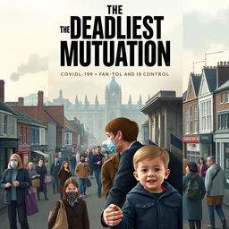 A book cover design for a novel titled "The Deadliest Mutation" depicting a normal English city in the backdrop with a slightly ominous atmosphere, showcasing street scenes filled with people visibly unwell, wearing masks, and showing signs of illness
