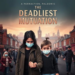 A book cover design for a novel titled "The Deadliest Mutation" depicting a normal English city in the backdrop with a slightly ominous atmosphere, showcasing street scenes filled with people visibly unwell, wearing masks, and showing signs of illness