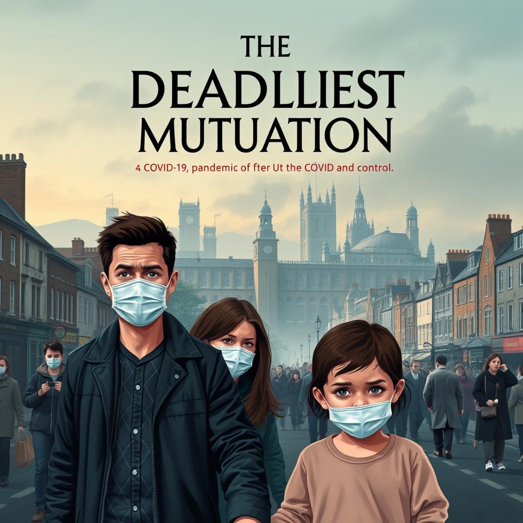 A book cover design for a novel titled "The Deadliest Mutation" depicting a normal English city in the backdrop with a slightly ominous atmosphere, showcasing street scenes filled with people visibly unwell, wearing masks, and showing signs of illness