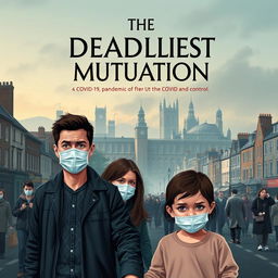 A book cover design for a novel titled "The Deadliest Mutation" depicting a normal English city in the backdrop with a slightly ominous atmosphere, showcasing street scenes filled with people visibly unwell, wearing masks, and showing signs of illness