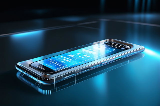 A 32k product photography image of a futuristic phone concept with a holographic display