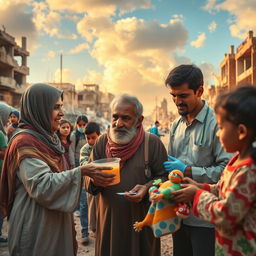 A compassionate scene depicting humans helping in a war-torn country