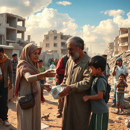 A compassionate scene depicting humans helping in a war-torn country