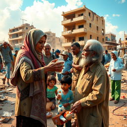 A compassionate scene depicting humans helping in a war-torn country