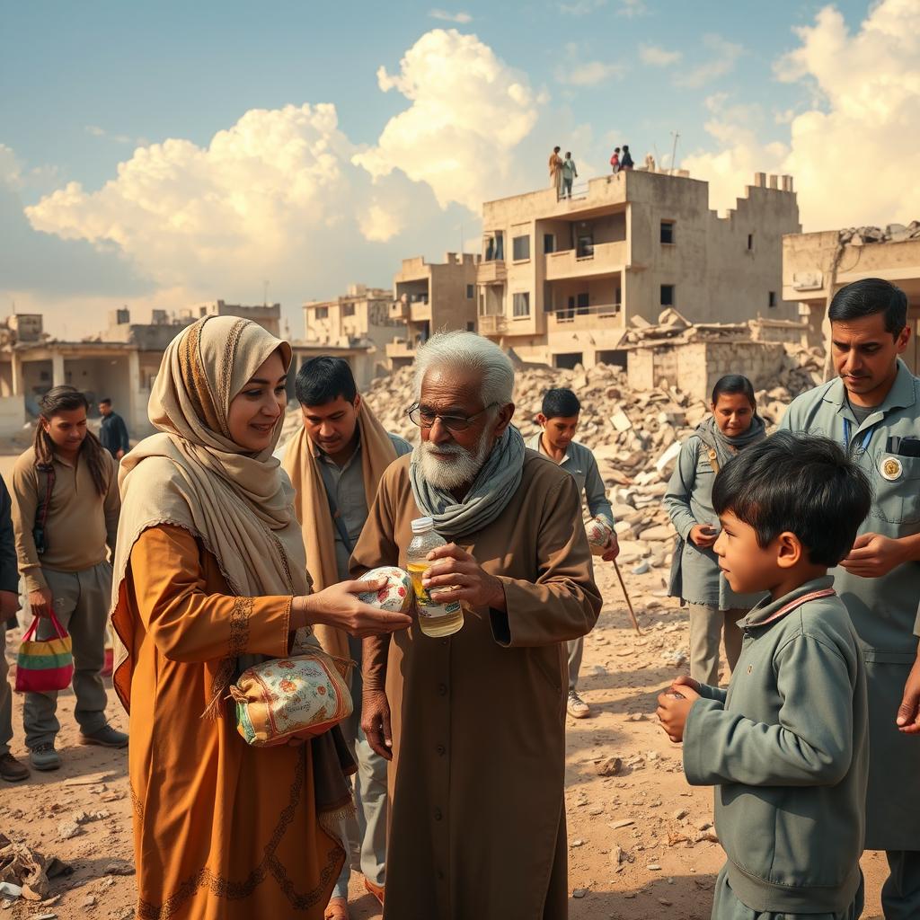 A compassionate scene depicting humans helping in a war-torn country