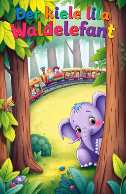 A whimsical and enchanting book cover for a children's story titled 'Der kleine lila Waldelefant'