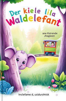 A whimsical and enchanting book cover for a children's story titled 'Der kleine lila Waldelefant'