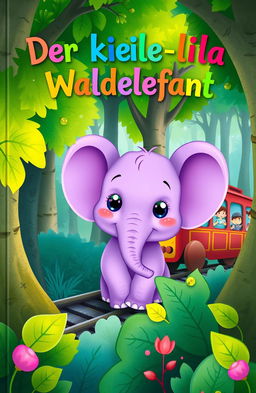 A whimsical and enchanting book cover for a children's story titled 'Der kleine lila Waldelefant'
