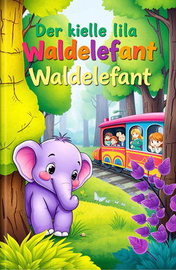 A whimsical and enchanting book cover for a children's story titled 'Der kleine lila Waldelefant'