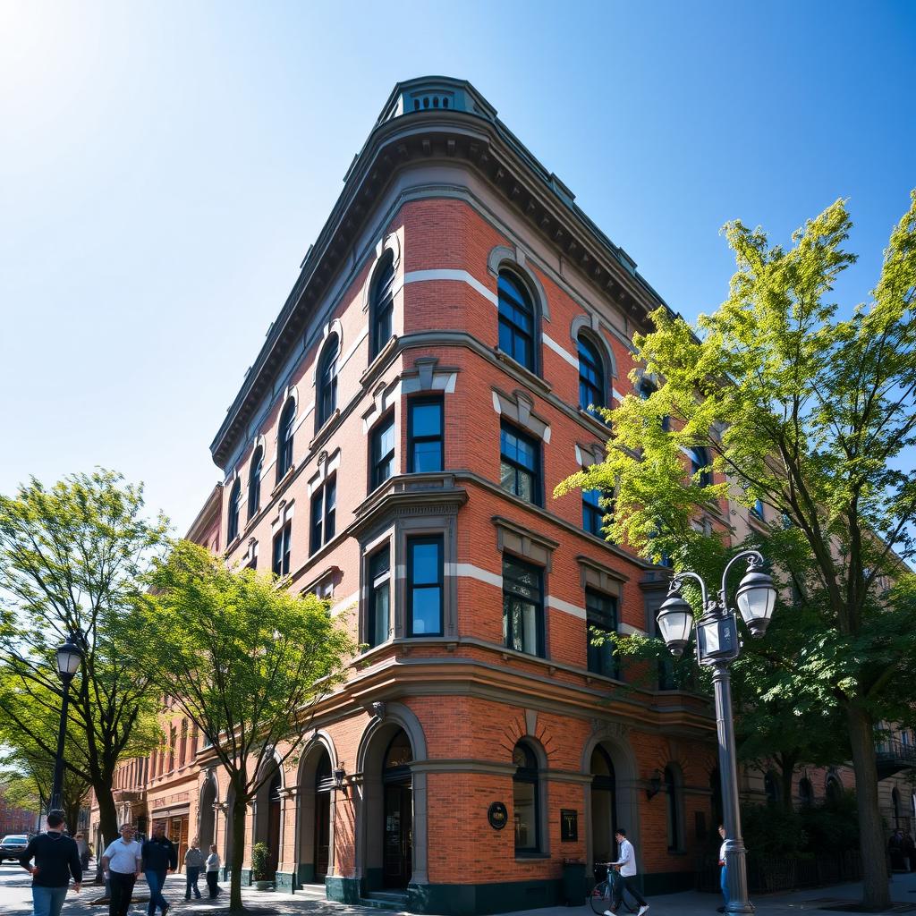 A detailed exterior view of 74 Trinity Place, a historic building known for its intricate architectural design