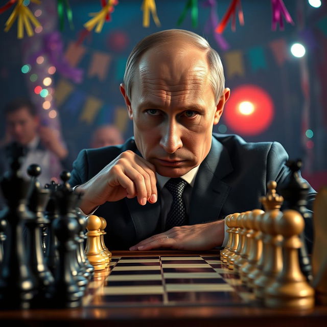 A compelling image of Vladimir Putin sitting at a chessboard, with dramatic lighting highlighting his focused expression