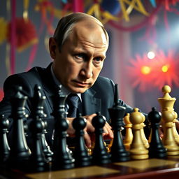A compelling image of Vladimir Putin sitting at a chessboard, with dramatic lighting highlighting his focused expression