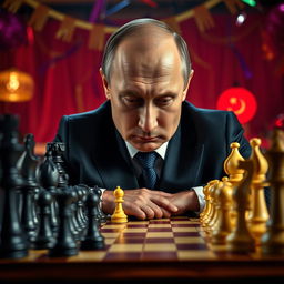 A compelling image of Vladimir Putin sitting at a chessboard, with dramatic lighting highlighting his focused expression