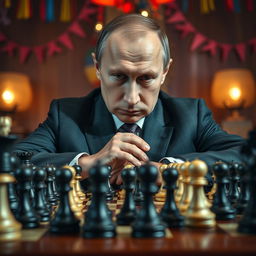 A compelling image of Vladimir Putin sitting at a chessboard, with dramatic lighting highlighting his focused expression