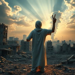 An evocative scene depicting a human figure standing in front of a war-torn cityscape, showcasing the resilience and compassion of humanity