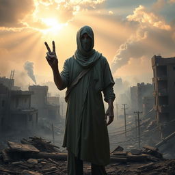 An evocative scene depicting a human figure standing in front of a war-torn cityscape, showcasing the resilience and compassion of humanity
