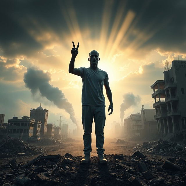 An evocative scene depicting a human figure standing in front of a war-torn cityscape, showcasing the resilience and compassion of humanity